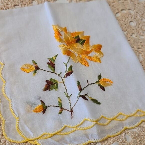 Vintage Floral Embroidered Handkerchief Set - Yellow, Purple, Green Accents - Picture 6 of 16